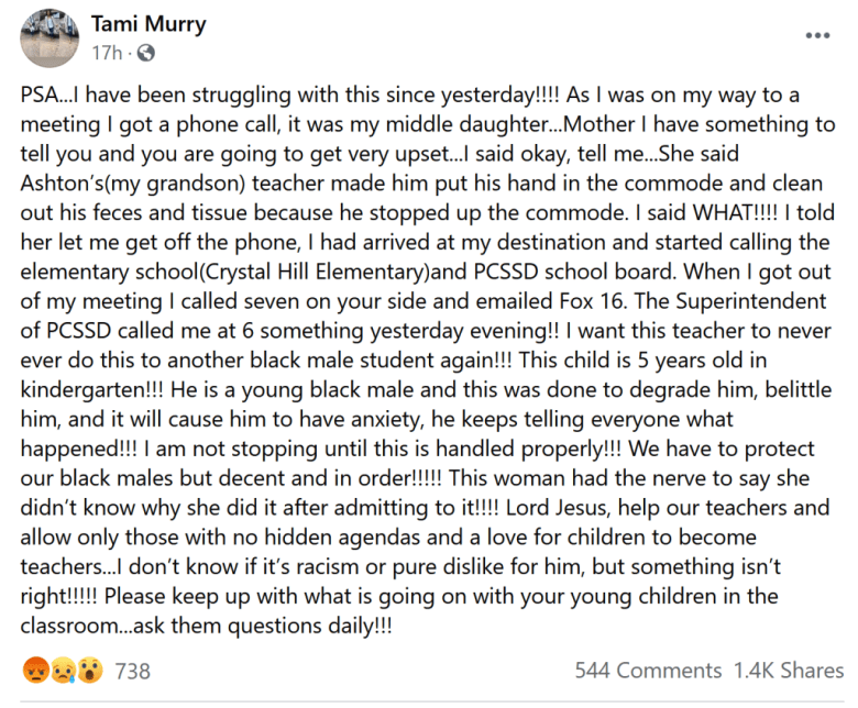 Publicaci&oacute;n de Tami Murry en Facebook sobre el presunto incidente entre Lasiter y el nieto del jard&iacute;n de infantes.