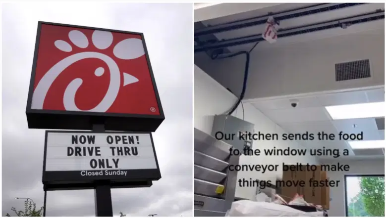 Una captura de pantalla, a la derecha, del video Chick fil A de transmisión por cinta transportadora en TikTok.