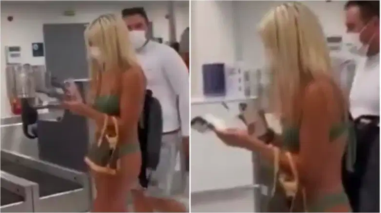 Mujer en aeropuerto con bikini y tapabocas.