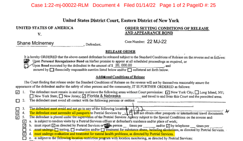 A Shane McInerney se le ordenó entregar su pasaporte y buscar tratamiento de salud mental.