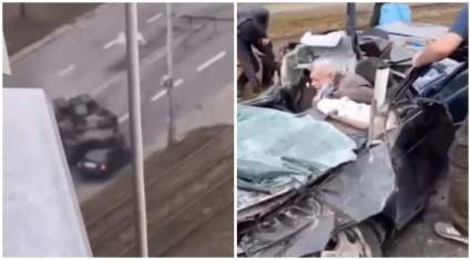 Cobarde ataque en Ucrania: Tanque ruso aplasta a auto civil [IMÁGENES FUERTES]