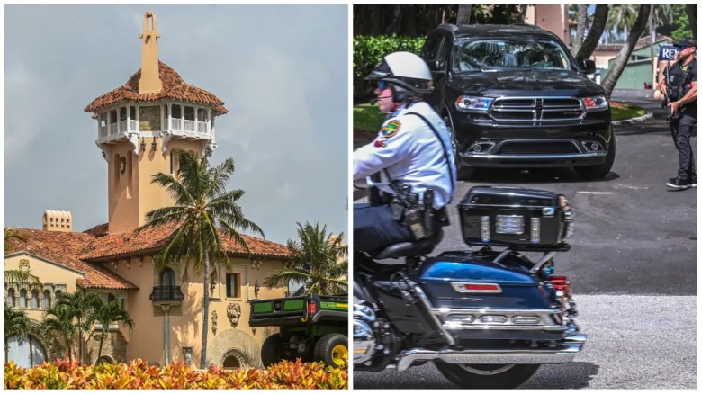 Jeremy Linton es el agente del FBI que firmó la orden de registro de Mar-a-Lago (izquierda). A la derecha, otros agentes del orden público (no Linton) en las afueras de Mar-a-Lago.